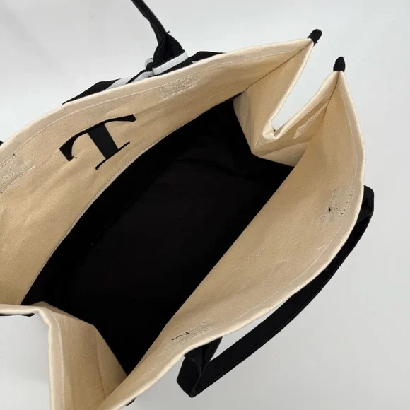 Embroidered Monogrammed “T” Black and Cream Tote Bag Reusable Grocery Beach Gift - Picture 5 of 7